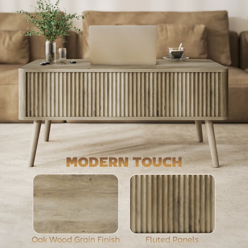 HOMCOM Lift Top Coffee Table with Storage, Center Table with Hidden Compartments and Pine Wood Legs for Living Room, Oak