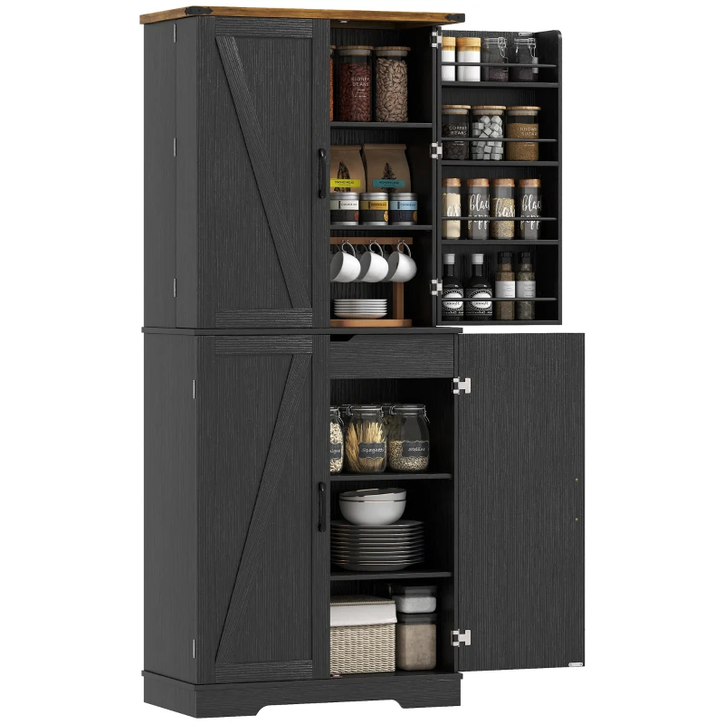 HOMCOM 72" Kitchen Pantry Cabinet, Farmhouse Storage Cabinet with 4 Doors, Drawer, 8 Door Shelves and Adjustable Shelf, Black