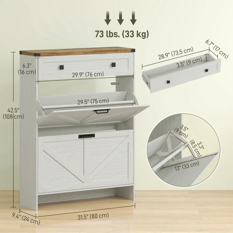 HOMCOM Narrow Shoe Storage Cabinet, Farmhouse Shoe Cabinet with 2 Flip Drawers, 1 Drawer, 12 Pairs for Entryway, White