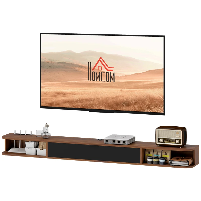 HOMCOM 71" Floating TV Stand for TVs up to 75 Inch, Wall Mounted Media Console with Flip Drawer and 2 Open Shelves, Walnut