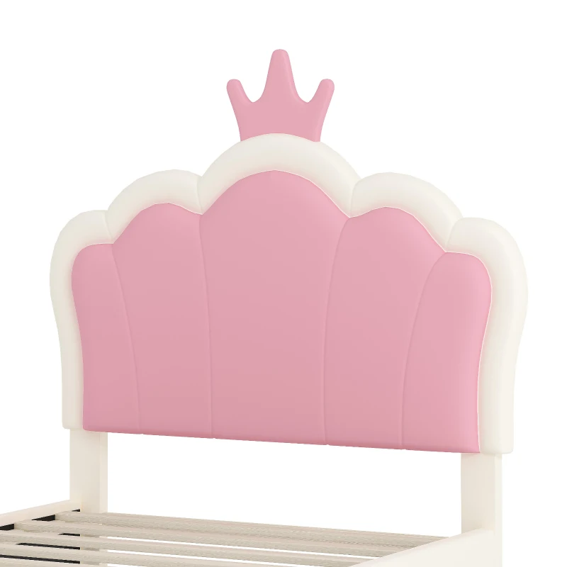 Twin Size Upholstered Princess Bed with Crown Headboard, Solid Poplar Wood Frame, Bed Frame for Children, 80" L x 41.5" W x 44" H, Cream