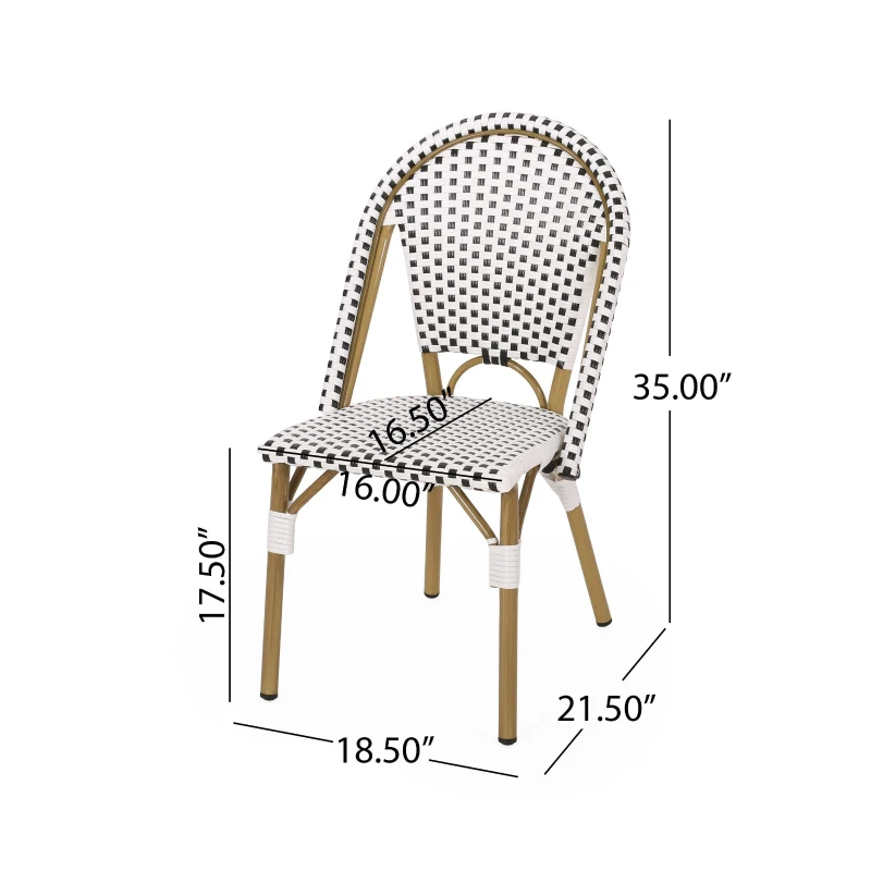 Set of 2 French Bistro Chairs with PE Rattan and Aluminium Frame, Outdoor Chairs with Bamboo Print Finish, 18.5'' L x 21.5'' W x 35'' H, White+Black
