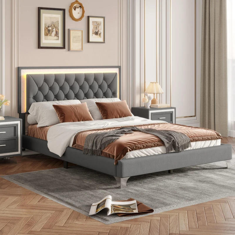 Queen Size Upholstered Bed Frame with LED Lights, Modern Velvet Platform Bed with Tufted Headboard, 84" L x 64" W x 44.5" H, Gray