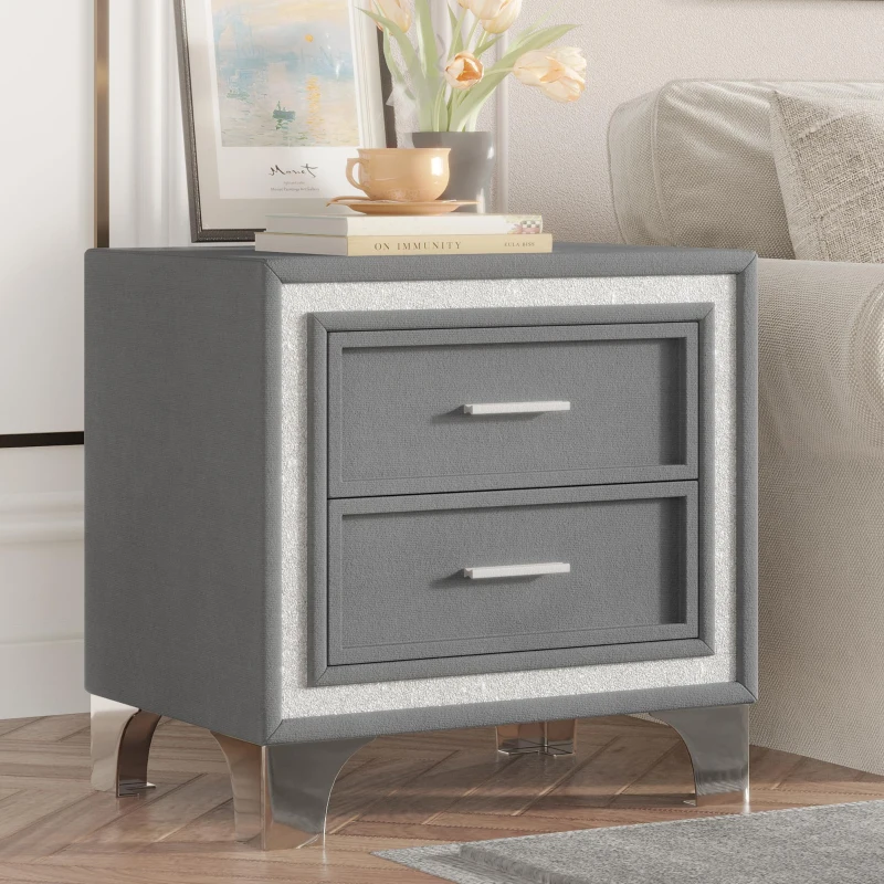 Mid Century Vintage Nightstand with Metal Legs and 2 Drawers, Velvet Bedside Table for Living Room, 22" L x 16" W x 22" H, Gray
