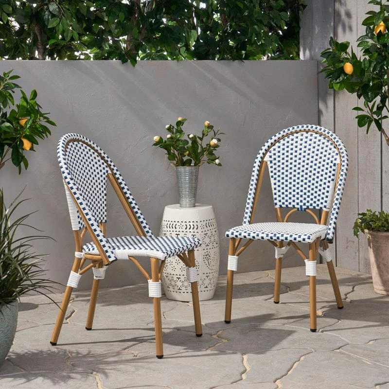 Set of 2 French Bistro Chairs with PE Rattan and Aluminium Frame, Outdoor Chairs with Bamboo Print Finish, 18.5'' L x 21.5'' W x 35'' H, White+Blue