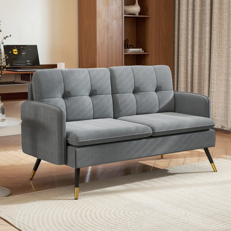HOMCOM 55" Loveseat Sofa, Corduroy Love Seat w/ S spring, Steel Legs and Button Tufting, Small Couch for Living Room, Dark Grey