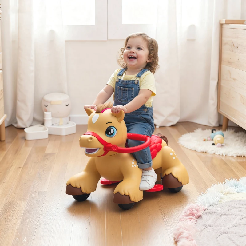 Qaba Ride On Horse Toy, 12V Battery Powered Ride on Toy with Carrot Toy, Comb and Sound, Electric Rocking Horse for Toddlers