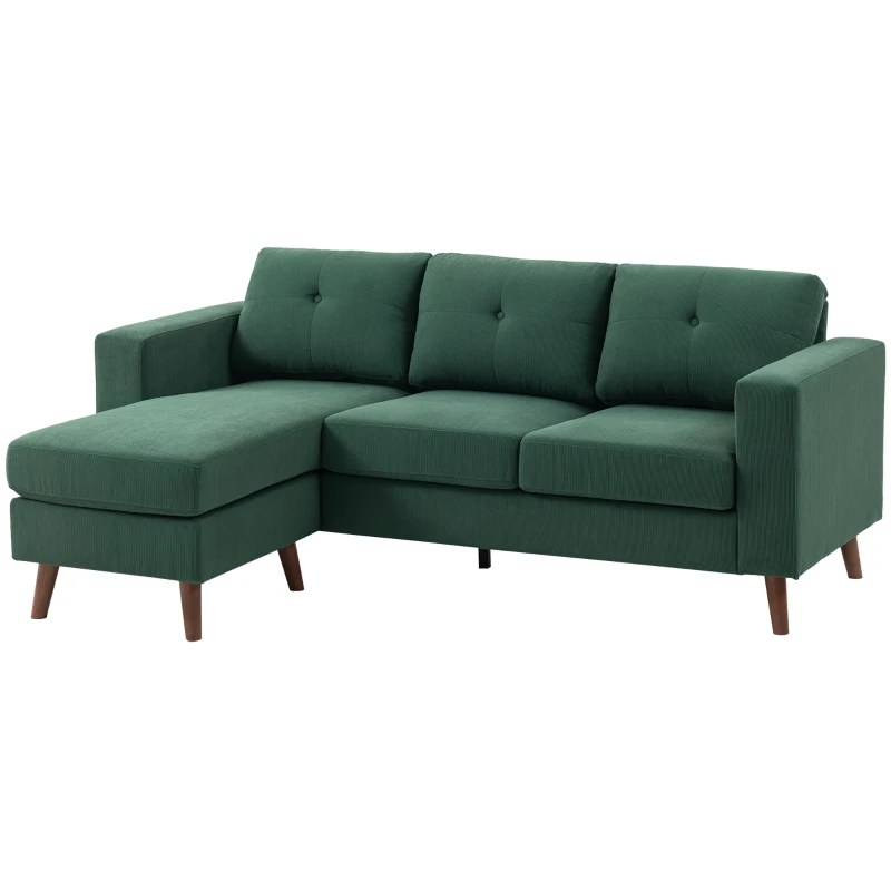 HOMCOM Sectional Sofa with Changeable Chaise Lounge, 3 Seat L-Shaped Sofa, Upholstered Couch for Small Space, Dark Green