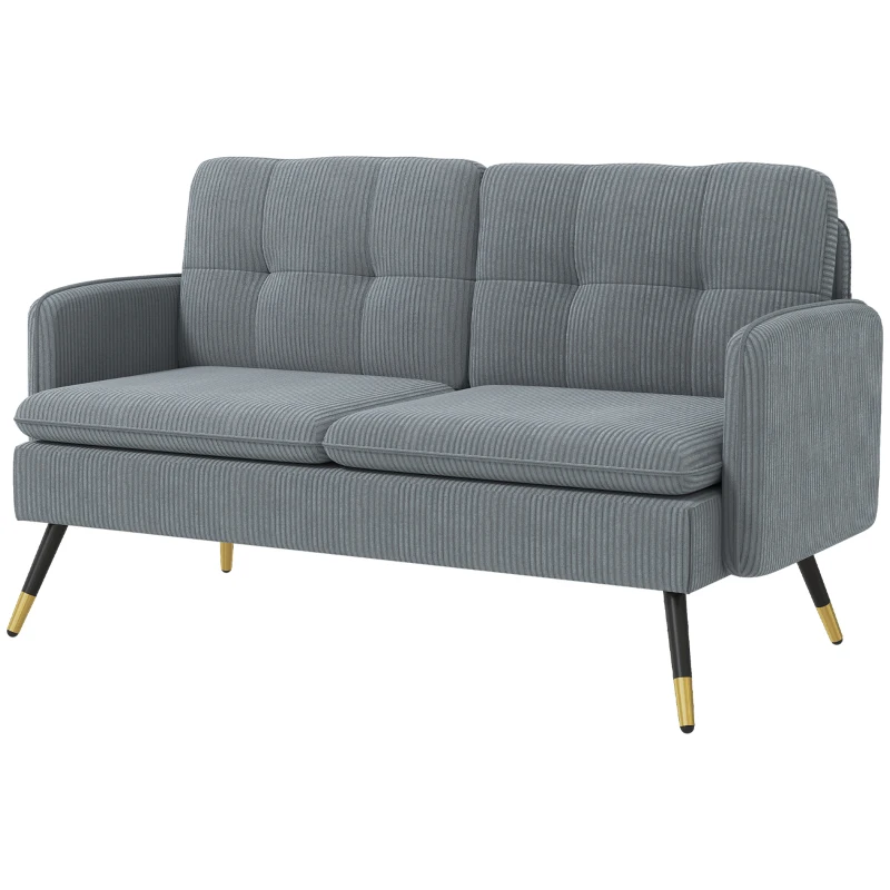 HOMCOM 55" Loveseat Sofa, Corduroy Love Seat w/ S spring, Steel Legs and Button Tufting, Small Couch for Living Room, Dark Grey