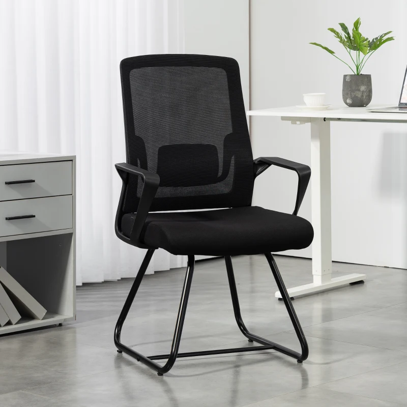 HOMCOM Desk Chair, Desk Chair No Wheels with Mesh Back, Lumbar Support, Metal Base for Reception, Conference