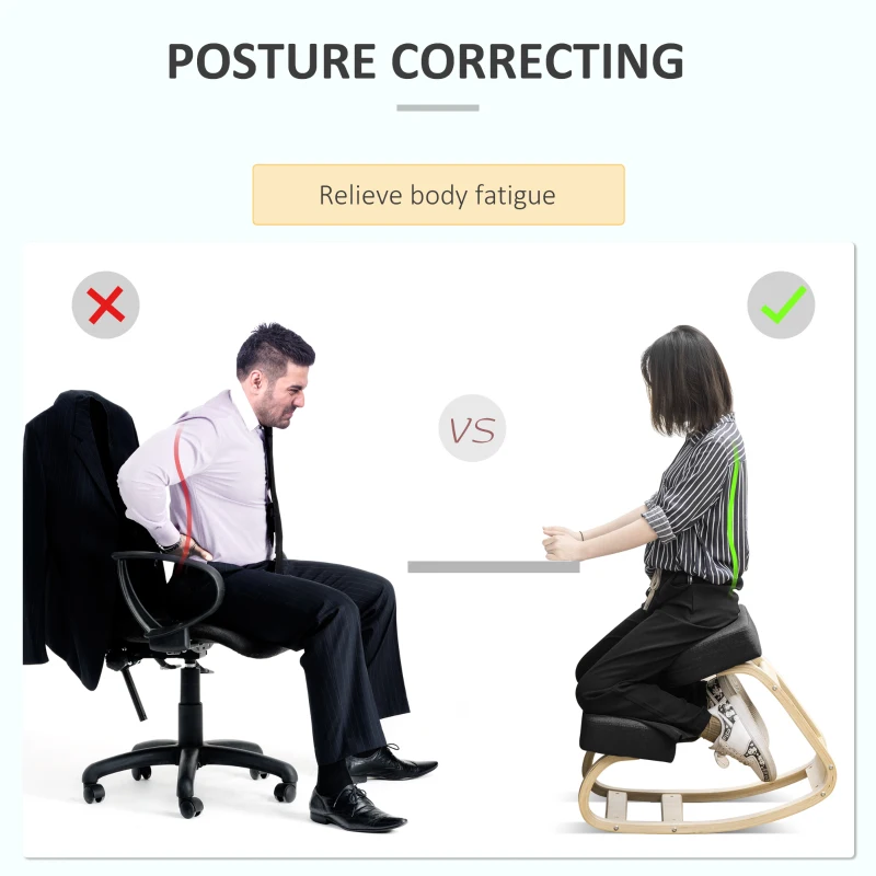 HOMCOM Ergonomic Kneeling Chair, Wood Kneel Stool with Thick Pads, Desk Knee Chair, Improve Posture, Black