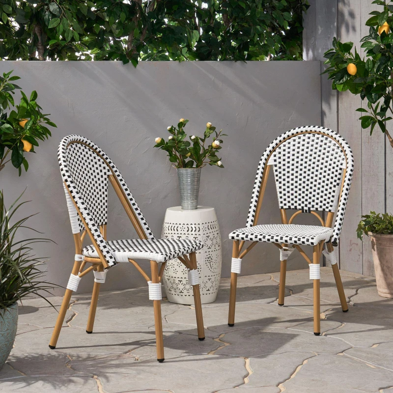Set of 2 French Bistro Chairs with PE Rattan and Aluminium Frame, Outdoor Chairs with Bamboo Print Finish, 18.5'' L x 21.5'' W x 35'' H, White+Black