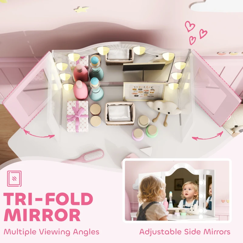 Qaba Kids Vanity Table and Chair Set with Lights, Makeup Dressing Table with Tri-Fold Mirror for Ages 3-8 Years, White