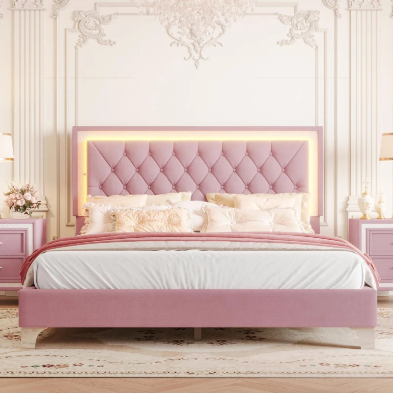 Queen Size Upholstered Bed Frame with LED Lights, Modern Velvet Platform Bed with Tufted Headboard, 84" L x 64" W x 44.5" H, Pink