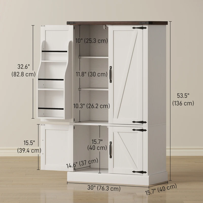 HOMCOM 53.5" Pantry Cabinet, Kitchen Storage Cabinet with Adjustable Shelves, 6 Door Spice Racks for Dining Room, White