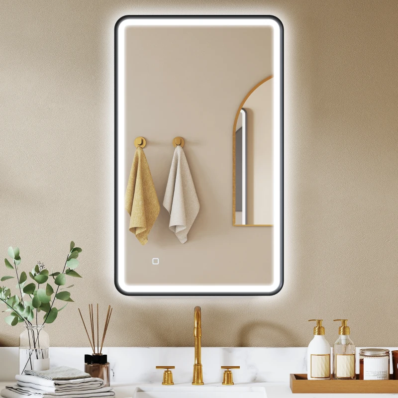 HOMCOM 40" x 24" Bath Mirror with LED Lights, Wall Mounted Restroom Mirror, 3 Colours, Dimmable, Horizontal/Vertical, Black