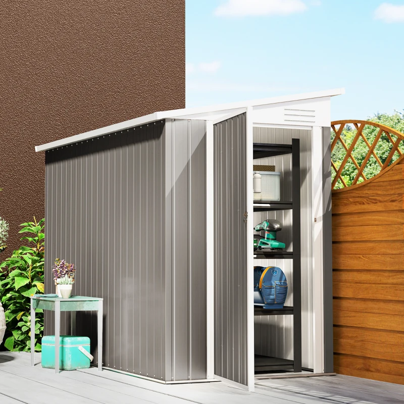 Outsunny 4' x 8' Outdoor Storage Shed Lean to Shed Outdoor Metal Tool Shed with Lockable Door and Air Vents, Light Grey
