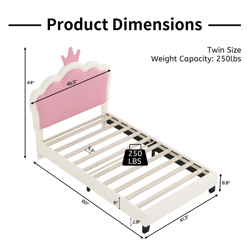 Twin Size Upholstered Princess Bed with Crown Headboard, Solid Poplar Wood Frame, Bed Frame for Children, 80" L x 41.5" W x 44" H, Cream