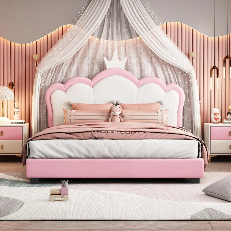 Full Size Upholstered Princess Bed with Crown Headboard, Solid Poplar Wood Frame, Bed Frame for Children, 80" L x 61.5" W x 44" H, Pink
