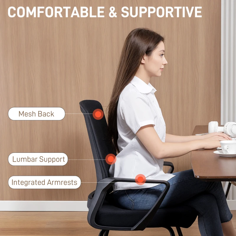 HOMCOM Desk Chair, Desk Chair No Wheels with Mesh Back, Lumbar Support, Metal Base for Reception, Conference