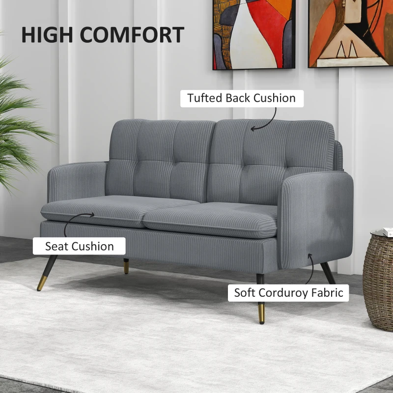 HOMCOM 55" Loveseat Sofa, Corduroy Love Seat w/ S spring, Steel Legs and Button Tufting, Small Couch for Living Room, Dark Grey