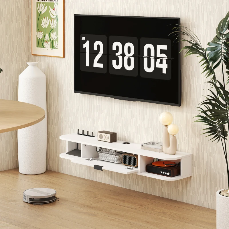 HOMCOM 47" Floating TV Stand for TVs up to 50 Inch, Wall Mounted Media Console with Flip Drawer and 2 Open Shelves, White