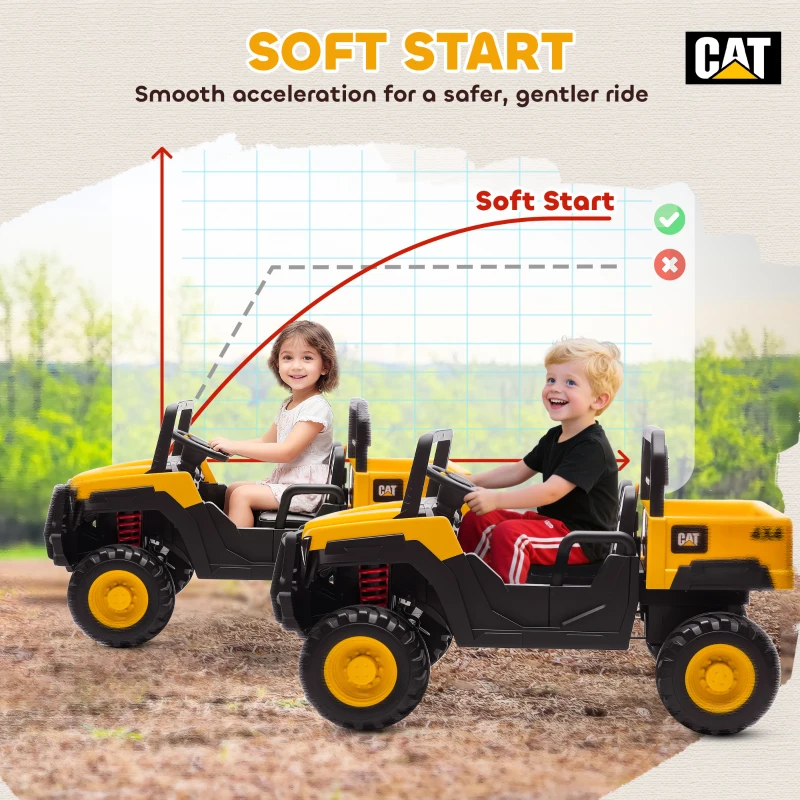 Qaba 24V Kids Ride on Tractor, 4WD 2 Seater Licensed Caterpillar Electric Vehicle with Remote Control, Dump Bed, Yellow