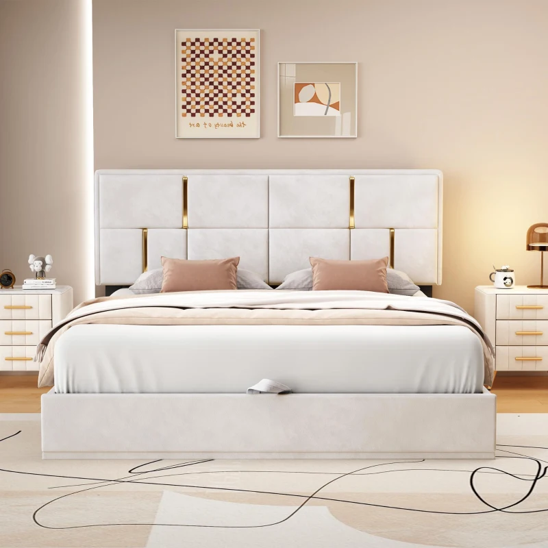 Queen Size Upholstered Platform Bed with Hydraulic Storage, MDF and Plywood Frame, Bed Frame for Living Room, 85" L x 64.5" W x 41" H, Beige