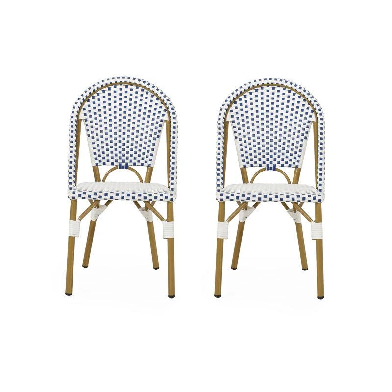 Set of 2 French Bistro Chairs with PE Rattan and Aluminium Frame, Outdoor Chairs with Bamboo Print Finish, 18.5'' L x 21.5'' W x 35'' H, White+Blue