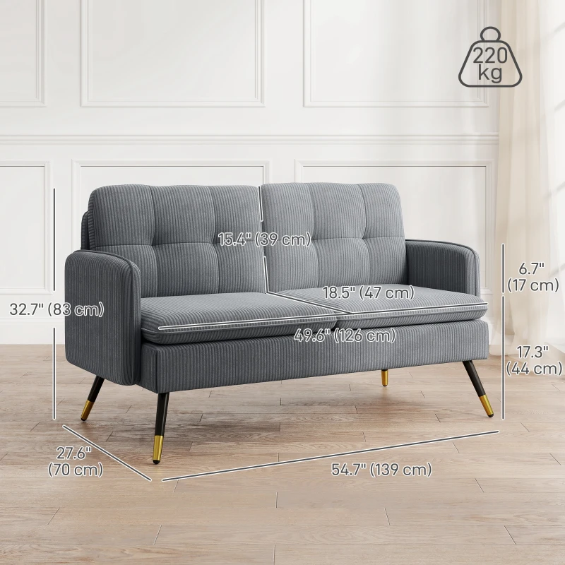 HOMCOM 55" Loveseat Sofa, Corduroy Love Seat w/ S spring, Steel Legs and Button Tufting, Small Couch for Living Room, Dark Grey