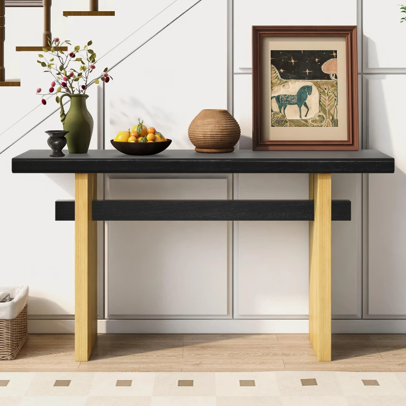 Farmhouse Wood Console Table with Premium Materials, Narrow Entryway Table with Easy Assembly, 59.5'' L x 16'' W x 31.5'' H, Black+Brown