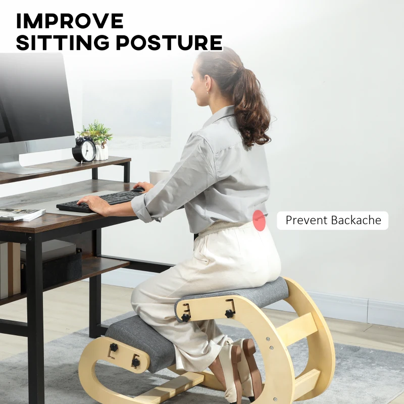 HOMCOM Ergonomic Kneeling Chair, Adjustable Rocking Wood Kneeling Stool, Desk Chair, Improve Posture, Grey