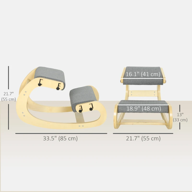 HOMCOM Ergonomic Kneeling Chair, Adjustable Rocking Wood Kneeling Stool, Desk Chair, Improve Posture, Grey