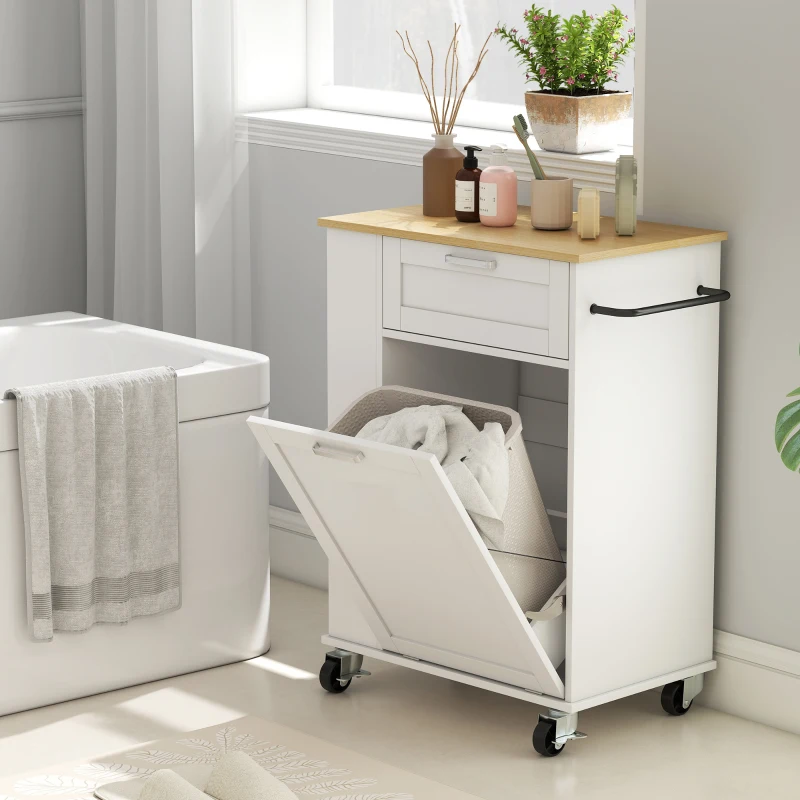 HOMCOM Rolling Kitchen Island with Trash Can Storage, Kitchen Island on Wheels with Spice & Rack, Drawer for Kitchen, White