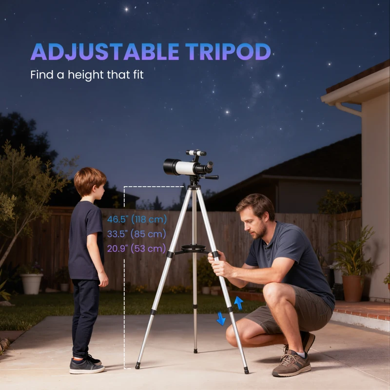 Outsunny Telescope for Adults, 70 mm Aperture 400 mm Refractor Telescope with 40X/16X, Adjustable Tripod, Bag, White