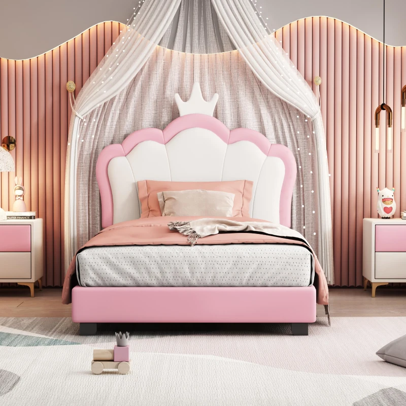 Twin Size Upholstered Princess Bed with Crown Headboard, Solid Poplar Wood Frame, Bed Frame for Children, 80" L x 41.5" W x 44" H, Pink