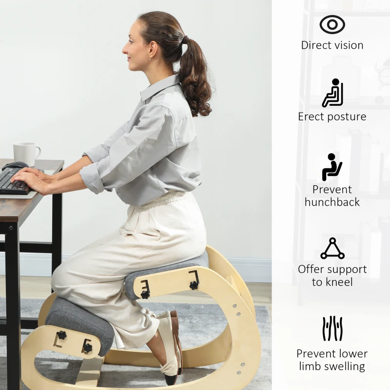 HOMCOM Ergonomic Kneeling Chair, Adjustable Rocking Wood Kneeling Stool, Desk Chair, Improve Posture, Grey