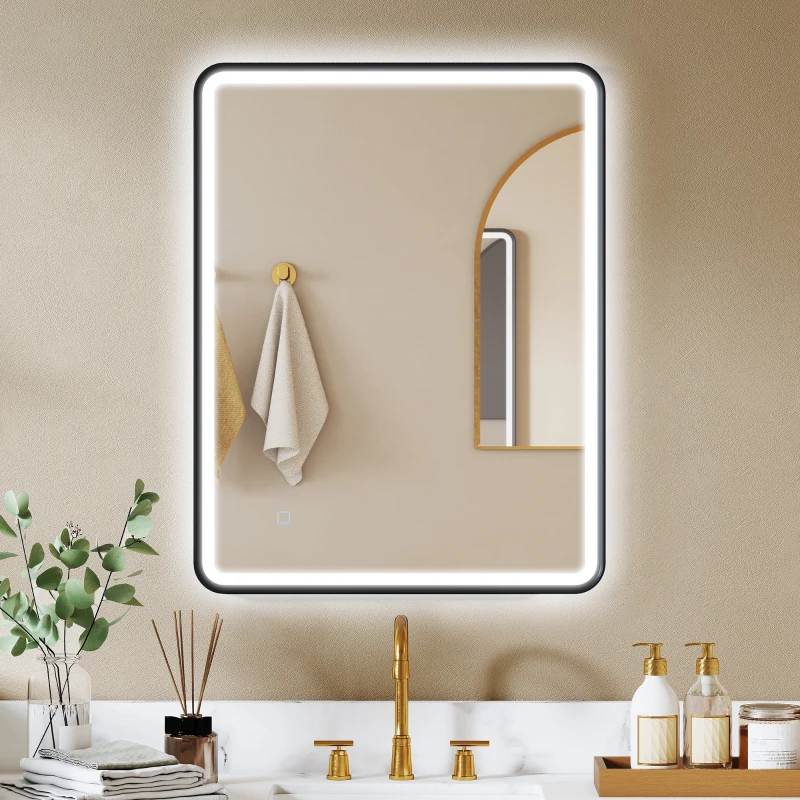 HOMCOM 36" x 28" Bath Mirror with LED Lights, Wall Mounted Restroom Mirror, 3 Colours, Dimmable, Horizontal/Vertical, Black