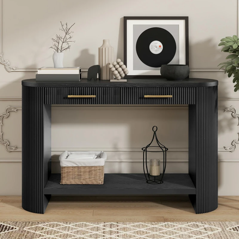 Farmhouse Console Table with Storage and Drawers, Narrow Wood Sofa Table for Living Room, Hallway, 47.5'' L x 14.5'' W x 30'' H, Black