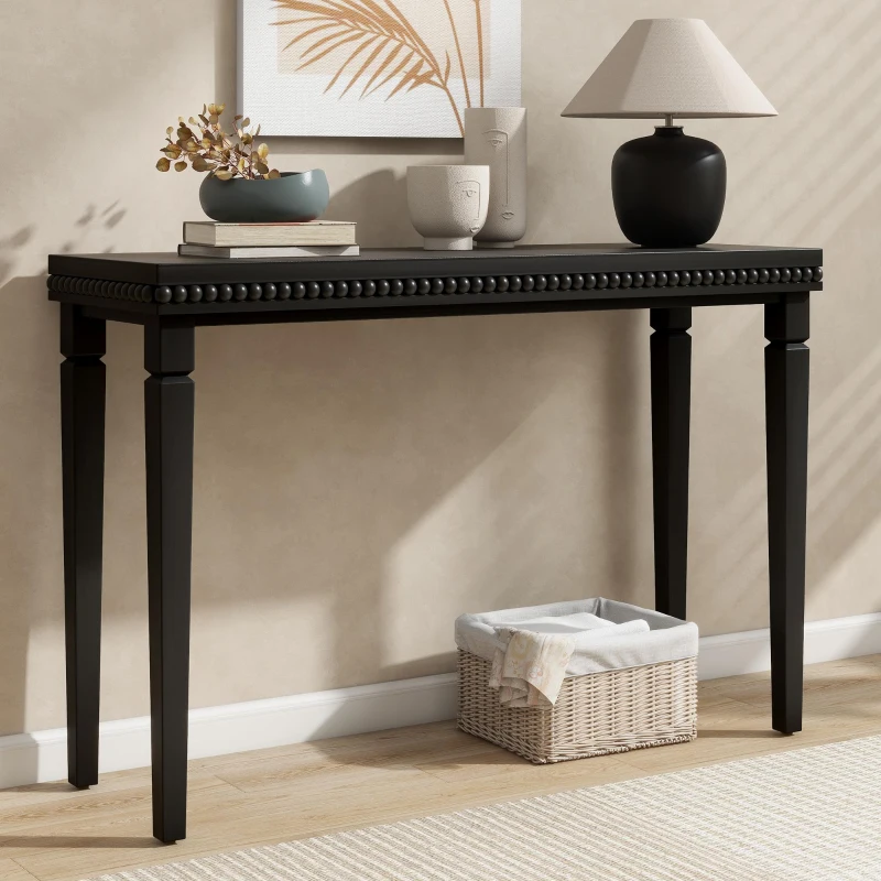 Farmhouse Console Table with Beaded Trim and Natural Wood, Accent Sofa Table for Living Room, Hallway, 47.5'' L x 16'' W x 32'' H, Black