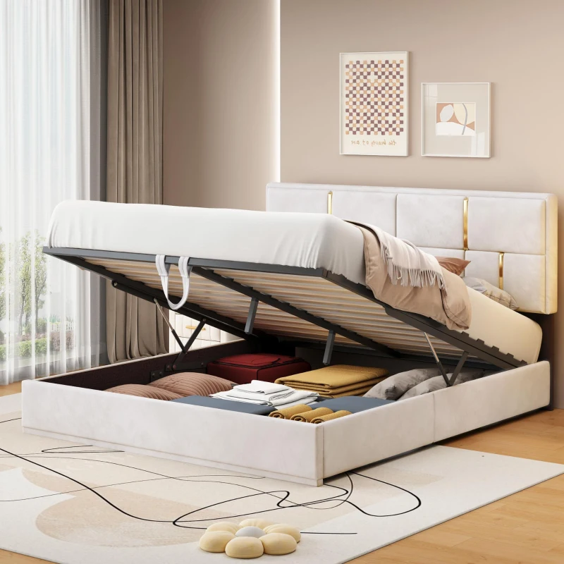 Queen Size Upholstered Platform Bed with Hydraulic Storage, MDF and Plywood Frame, Bed Frame for Living Room, 85" L x 64.5" W x 41" H, Beige