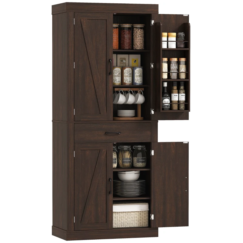 HOMCOM 72" Kitchen Pantry Cabinet, Farmhouse Kitchen Storage Cabinet with 4 Barn Doors, 6 Door Shelves, Drawer, Brown