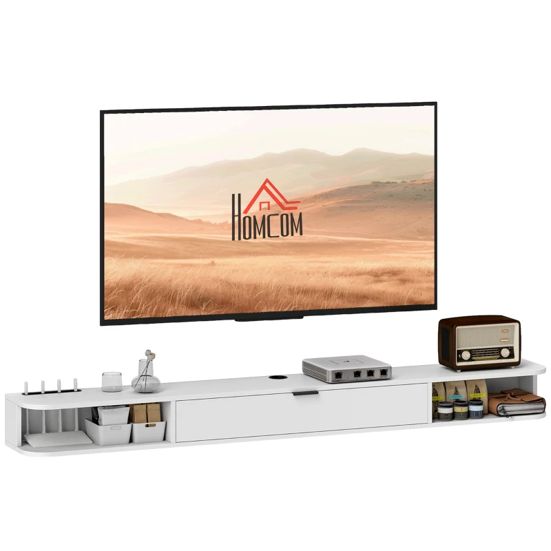 HOMCOM 71" Floating TV Stand for TVs up to 75 Inch, Wall Mounted Media Console with Flip Drawer and 2 Open Shelves, White