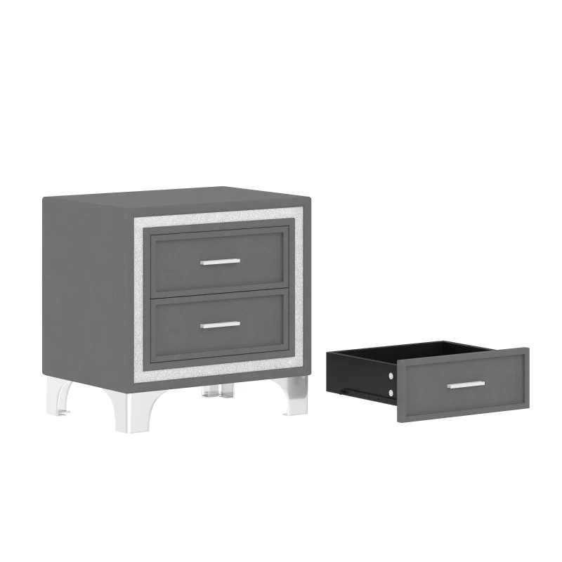 Mid Century Vintage Nightstand with Metal Legs and 2 Drawers, Velvet Bedside Table for Living Room, 22" L x 16" W x 22" H, Gray