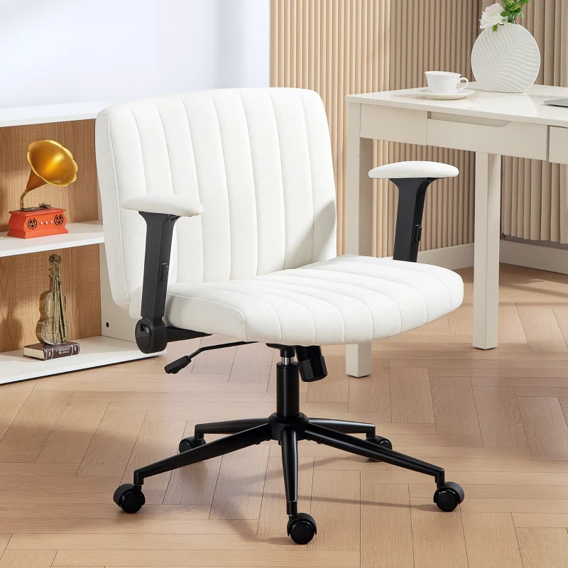 HOMCOM Criss Cross Chair with Flip-up Armrests, Wheels, Wide Office Chair with Adjustable Height, Tilting, Cream White