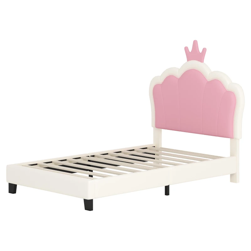 Twin Size Upholstered Princess Bed with Crown Headboard, Solid Poplar Wood Frame, Bed Frame for Children, 80" L x 41.5" W x 44" H, Cream