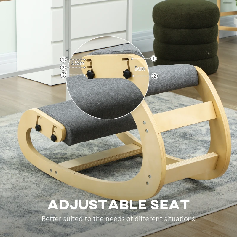 HOMCOM Ergonomic Kneeling Chair, Adjustable Rocking Wood Kneeling Stool, Desk Chair, Improve Posture, Grey