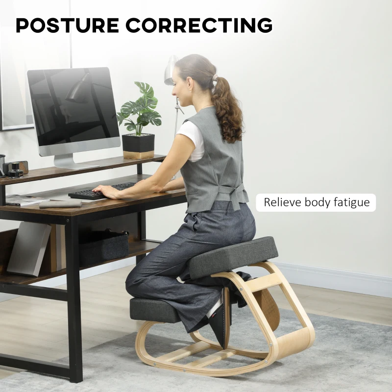 HOMCOM Ergonomic Kneeling Chair, Wood Kneel Stool with Thick Pads, Desk Knee Chair, Improve Posture, Dark Grey