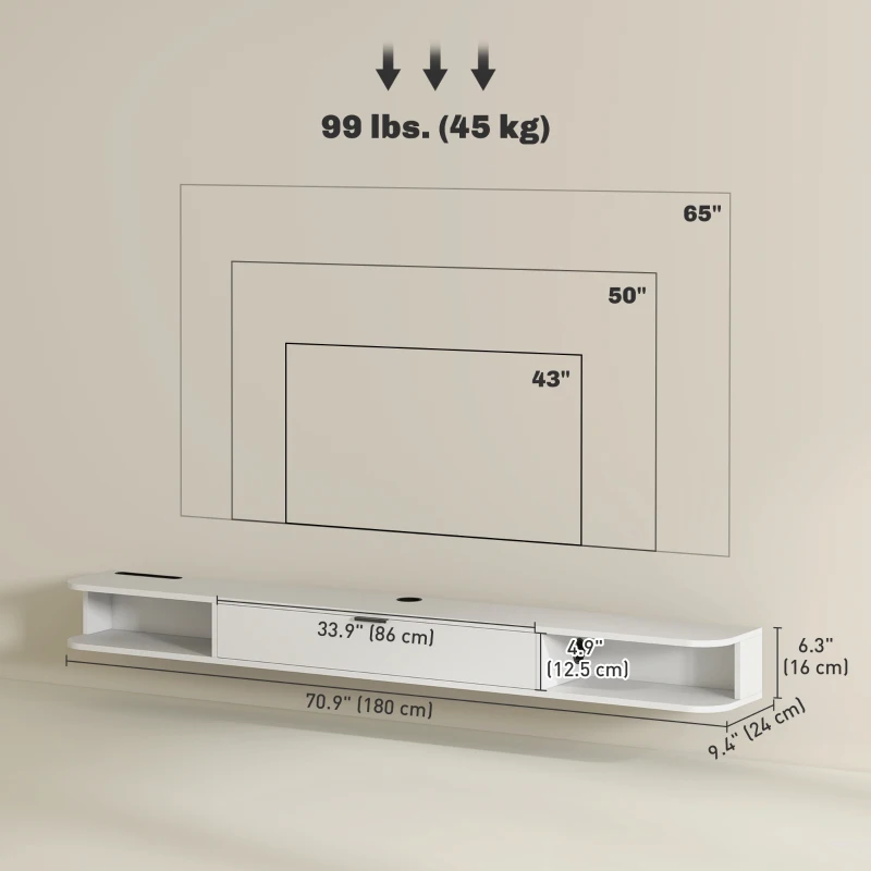 HOMCOM 71" Floating TV Stand for TVs up to 75 Inch, Wall Mounted Media Console with Flip Drawer and 2 Open Shelves, White