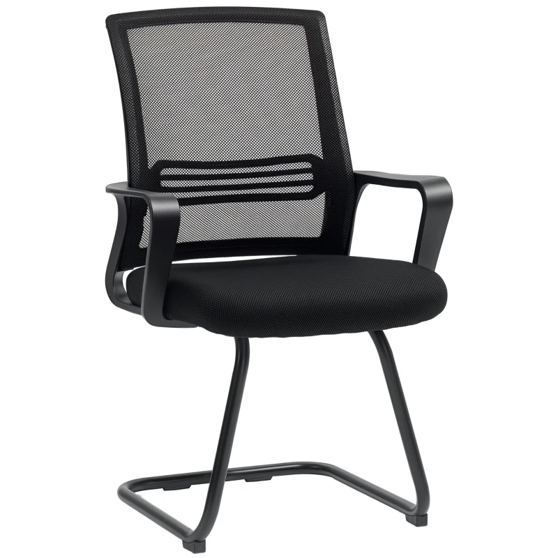 HOMCOM Ergonomic Desk Chair No Wheels, Padded Mesh Office Reception Chair with Sled Base, Black